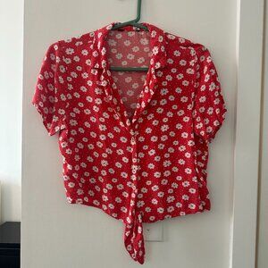 Short sleeve button down red floral shirt